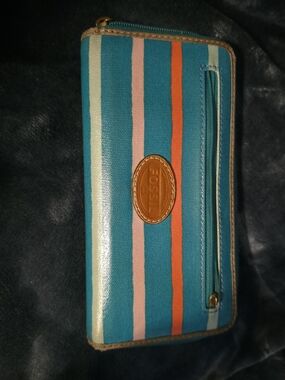 4/$67 Deal! Fossil Vintage Teal Wallet with Orange and Pink Stripes